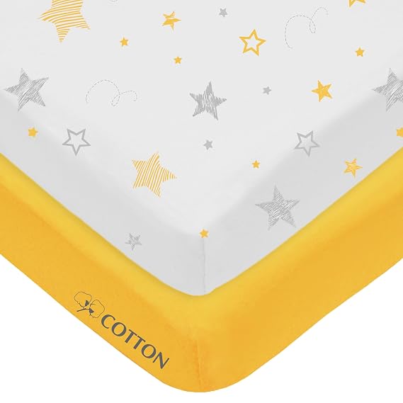 American Baby Company 2 Pack Fitted Pack and Play Sheet 39x27", Yellow&Star