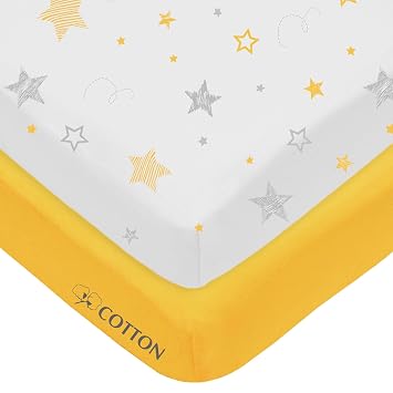American Baby Company 2 Pack 100% Natural Cotton Fitted Pack and Play Sheets 39" x 27" - Soft & Breathable Pack N Play Sheets for Playard & Mini Crib Mattress, Yellow Star/Yellow, for Boys & Girls