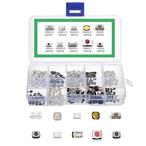 Tactile Switch, 250 Pcs Push Button, 10 Types, Micro Momentary Electronic Components, Remote Control, for Home Appliances, DIY, with Storage Case