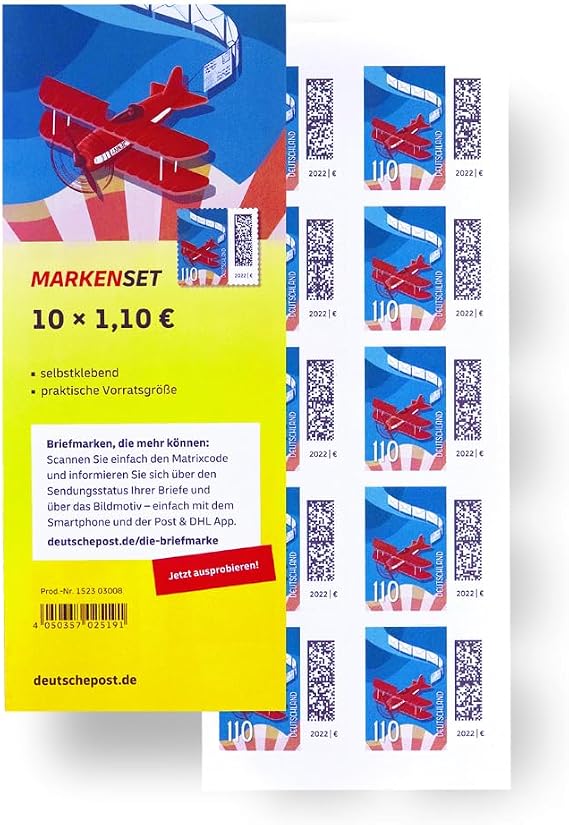10 pieces 1.10 EUR 1.1 EUR € mint never hinged self-adhesive stamps Frankaturware brand set (motif: air mail)