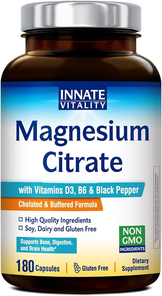 Innate Vitality Magnesium Citrate, Chelated Magnesium Supplement, w/Vitamin D3, B6, Black Pepper Extract, Enhanced Absorption, Digestion, Bone & Brain Support, 180 Capsules, No Gluten