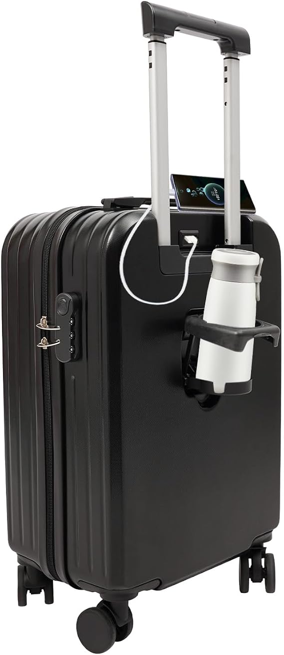 20"/24" Travel Luggage Suitcase,Lightweight Hardshell Luggage Set with Cup Holder&USB Port,360 Spinner Wheels Luggage for Business trip (20" Black)