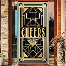 Cheers 20s Party Decorations,Roaring Door Cover Banner,Large Fabric Black and Gold Glitter Sign Photo Booth Backdrop Background Banner for 20's themed Gatsby Decorations Supplies