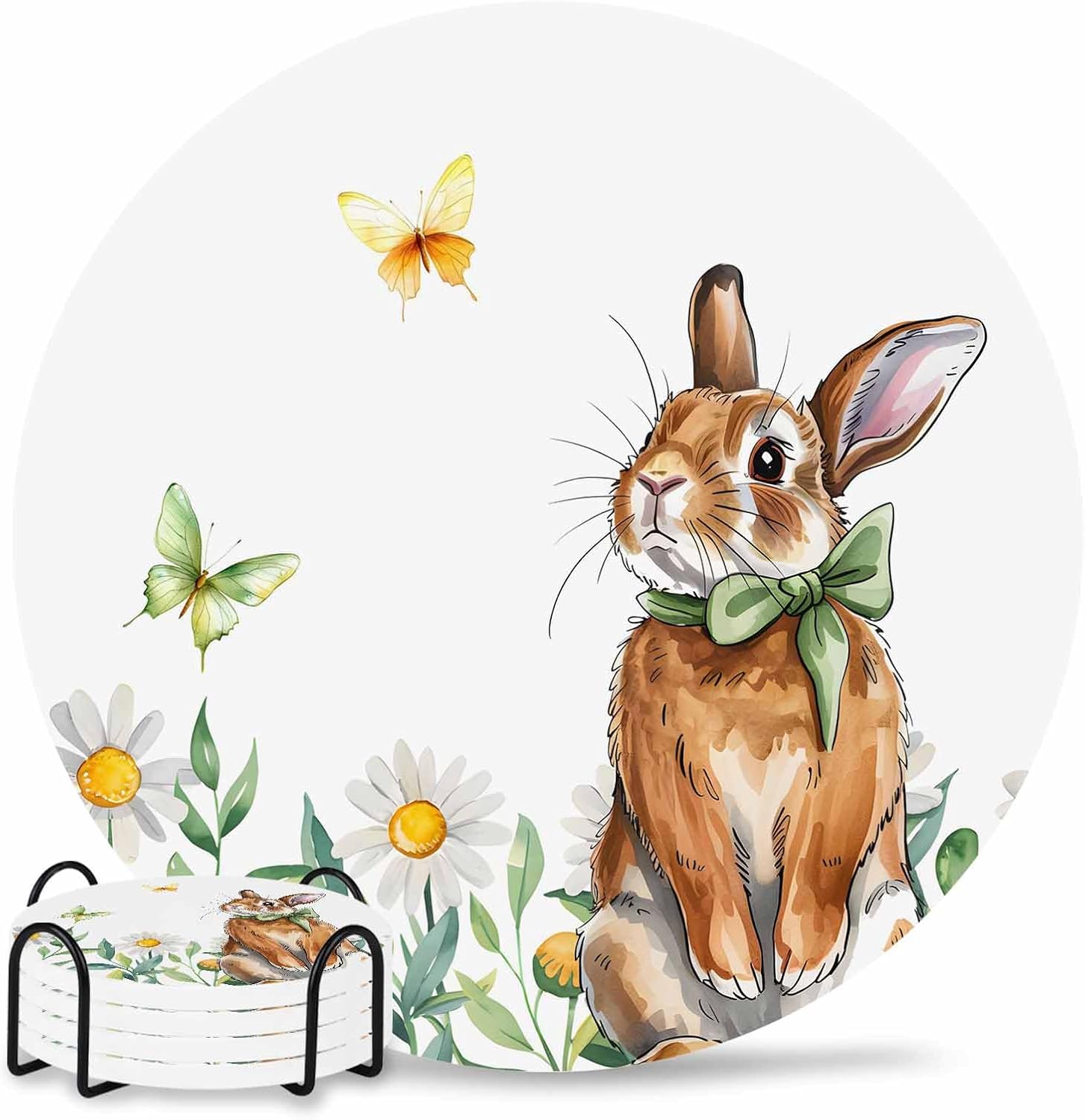 Daisy Flower Drink Coasters Set of 4 with Holder,Absorbent Round Ceramic Coasters for Desk,Country Rabbit Floral Wildflower Butterfly Cup Mats for Home Kitchen Office Coffee Table Decoration Supplies