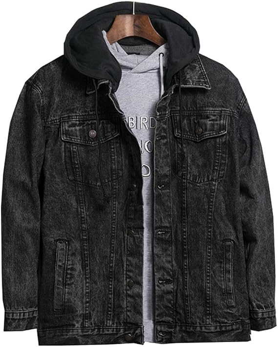 Mens Denim Jean Jacket Black With Hoodie