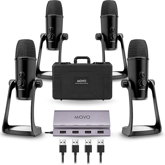 Movo 4-Person USB Podcast Equipment Bundle 4 Condenser Mics, Hub & Case