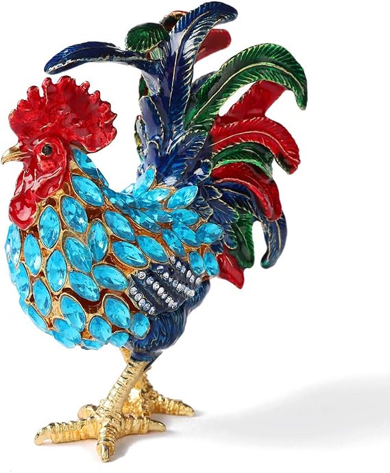Rooster Trinket Boxes Hinged Enameled Jewelry Box Hand-Painted Animals Ornaments Craft Gift for Home Decor (Blue)