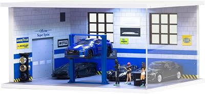 164 Scale Cars Display Case for Model Car Display and Storage, Stackable Garage with LED Light and Clear Acrylic Cover for Hot Wheels & Matchbox Dioramas Repair Store Type D
