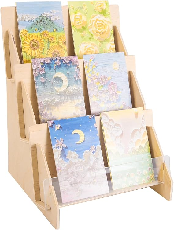 Greeting Card Display Stand, 3 Tier Postcard Display Stand, Portable Card Display Rack, Wooden Retail Display Holder, Magazine Organizer Rack, Stands for Valentine Cards (3 Tier)