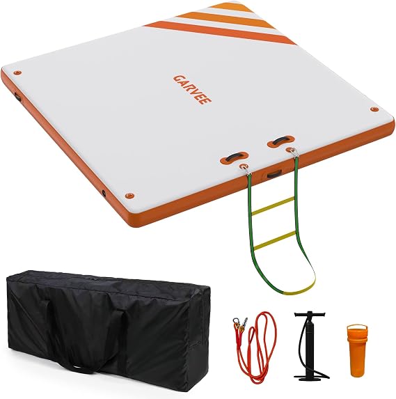 Stable Inflatable Floating Dock Platform – Non-Slip Air Mat Island for Lake, Pool, Beach – Multi-Person Swim Deck, Yoga, Fishing, Lounging – Gradient White & Orange-Red – Durable PVC –