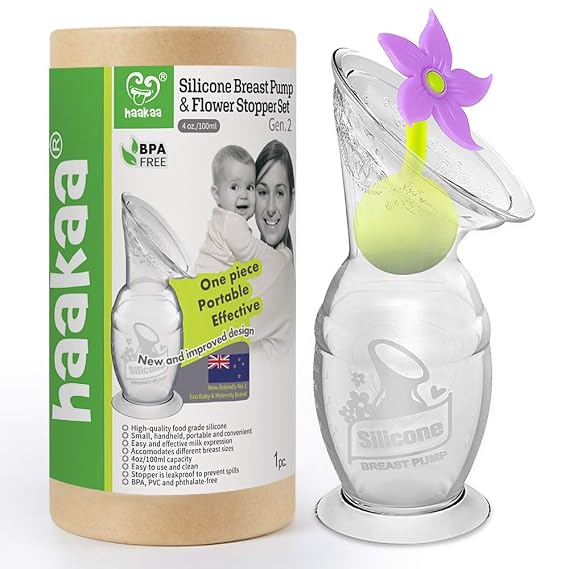 haakaa Manual Breast Pump with Suction Bottom and Purple Stopper (4oz/100ml)
