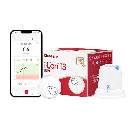 sinocare 15-Day Continuous Glucose Monitoring System, Less Finger Pricks, with iCan CGM APP, Output Every 3 Minutes, Blood Sugar Monitor, 1 Pcs × iCan CGM, for UK Diabetes