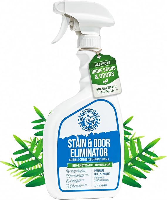 Bulldogology Bio-Enzymatic Pet Stain & Odor Remover - Pet Carpet Enzyme Cleaner for Cat and Dog Pee, Pet Stain Remover for Carpet and Floors, Dog Stain Remover and Odor Neutralizer (32 oz)