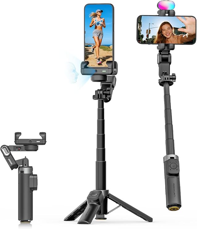 AOCHUAN Gimbal Stabilizer for iPhone, 4 in 1 Phone Gimbal w/360 Rotation for iPhone/Andriod Sefie Stick Tripod w/Auto Face Tracking and Wireless Remote for Vlogging-M3 Promini Black