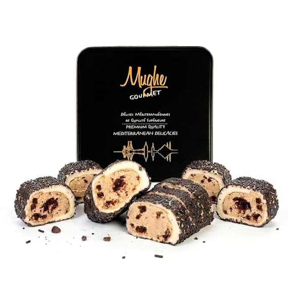 Mughe Gourmet Turkish Delight Gift Tin with Chocolate Cookie Crumble Filling - 350g/0.77 Lbs Premium Rolled Lokum