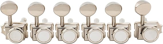 Musiclily Pro R15T 6-in-line 14:1 Ratio Semi Closed Vintage Hybrid Style Locking Machine Heads Tuners with Vintage Oval Button for Fender Squier Strat Tele Style Electric Guitar, Nickel
