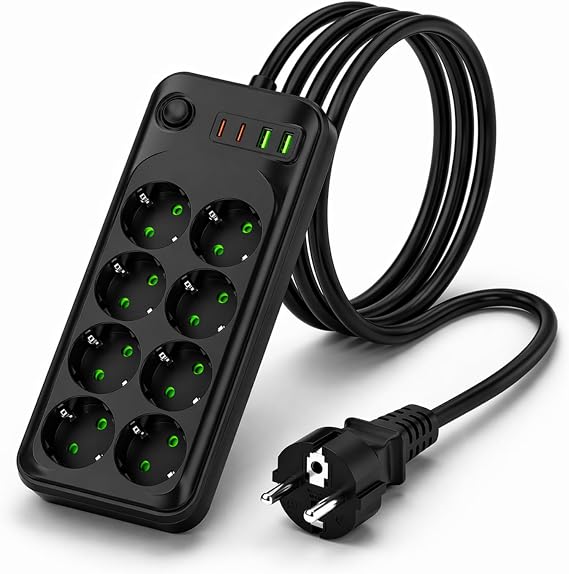 Akım Korumalı 8’li Priz, USB-C & USB-A Hızlı Şarjlı Çoklu Priz, 16A 4000W Yüksek Güç, 2 Metre Kalın Kablo, Çocuk Korumalı Anahtarlı Priz, Yoğun Kullanım İçin Profesyonel Power Strip