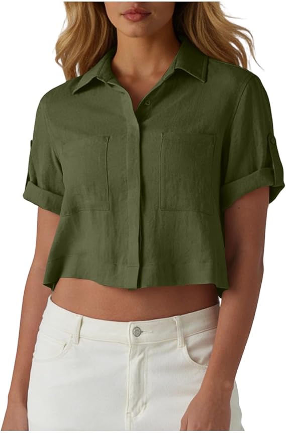 Womens Cotton Linen Crop Tops Loose Button Down Shirts Short Sleeve Collared Cropped Casual Blouses with Pockets