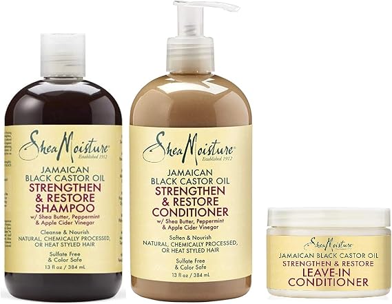 Shea Moisture Jamaican Black Castor Oil Combination Pack - Strengthen, Grow & Restore System - 13oz Shampoo, 13oz Conditioner, 12oz Leave-In Conditioner