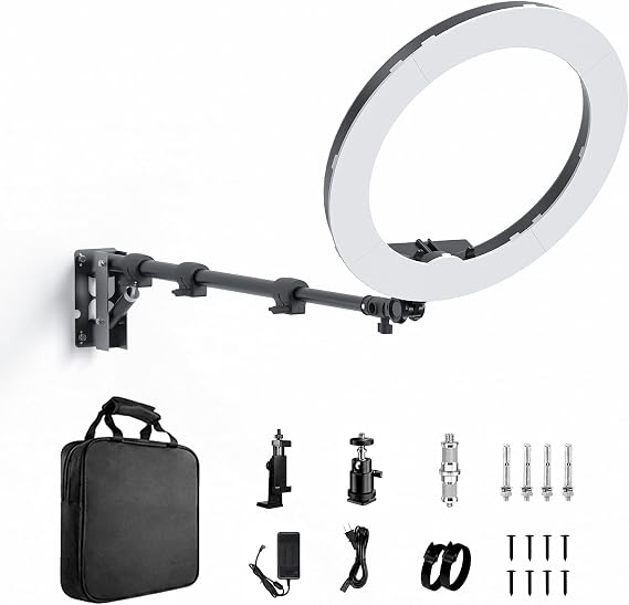 18 Inch Ring Light with Wall Mount Stand, Bi-Color LCD Display 55W 3000-5800K CRI97 Light Ring for Video Recording/Photography/Beauty Shop/Tattoo/Barber
