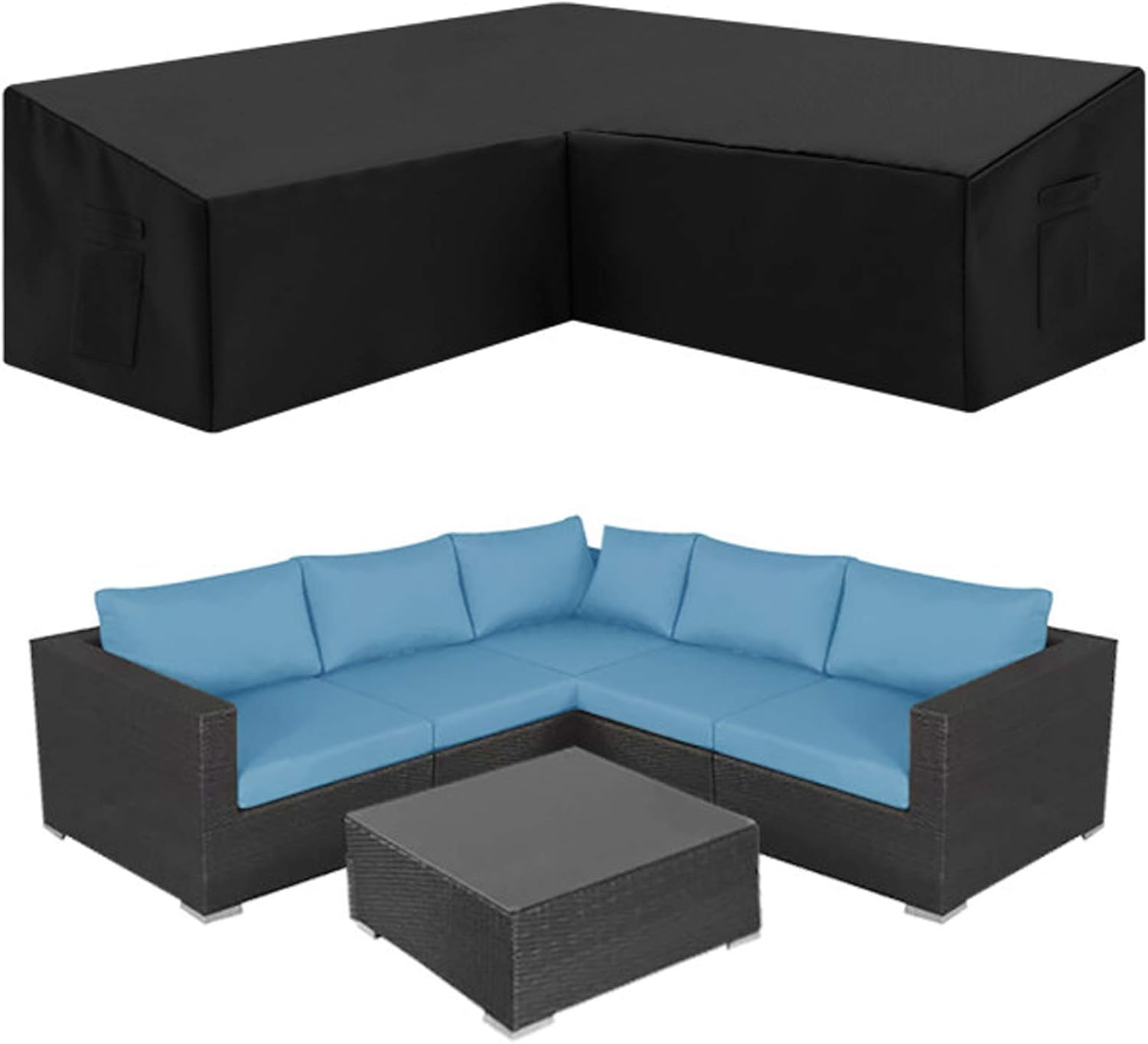 Outdoor Sectional Sofa Cover Waterproof, V Shaped 100 Inch Heavy Duty Patio Furniture Sofa Protector with Storage Bag, Black, 600D