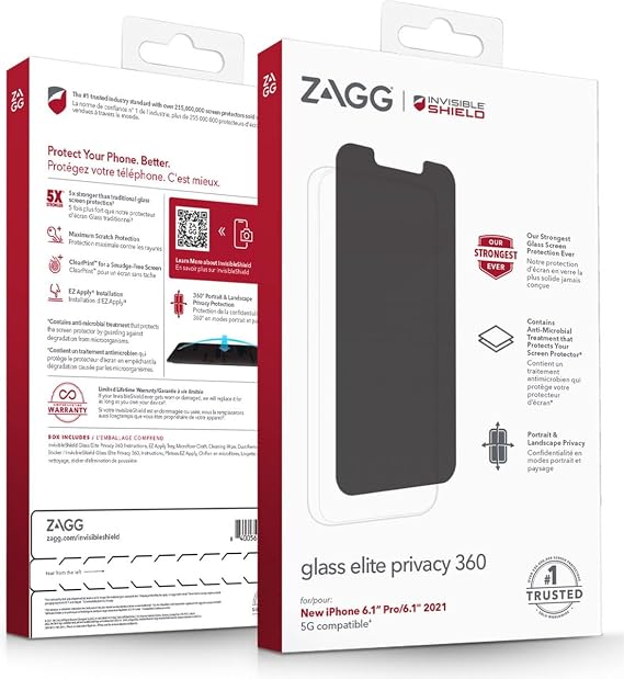 ZAGG InvisibleShield Glass Elite 360 Privacy Screen Protector for iPhone 17e / 16e / 14/13 / 13 Pro 5X Impact & Scratch Protection, Tempered Glass, Smudge-Resistant, Four-Way Privacy