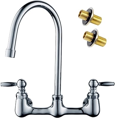 Wall Mount Commercial Sink Faucet with Sprayer, 8 Center 6 Spout No Sprayer