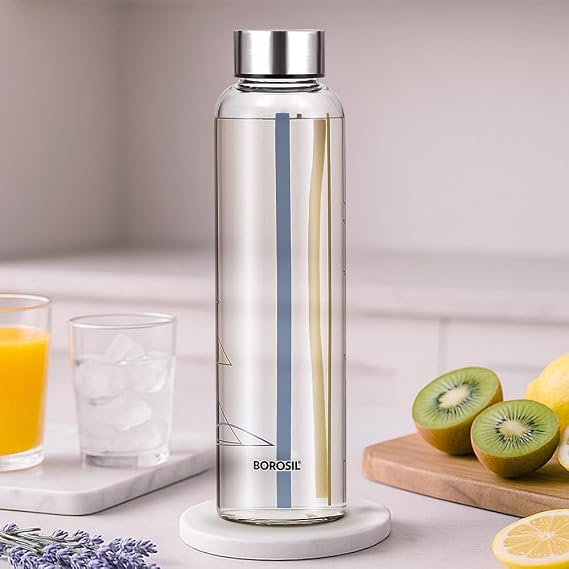 Borosil Artisan Sintra Glass Bottle, 550ml, Narrow Mouth, Silver Metal Lid, 100% Borosilicate, Fridge Safe, Leakproof, Easy to Carry Water, Lassi, Juice, Smoothies, Dishwasher Safe