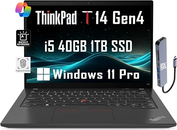 Lenovo ThinkPad T14 Gen 4 Business Laptop (14" FHD+, Intel 10-Core i5-1335U, 40GB RAM, 1TB SSD), Backlit, 2 x Thunderbolt 4, Fingerprint, Wi-Fi 6E, Webcam, IST Hub, Win 11 Pro w/AI Copilot, Black