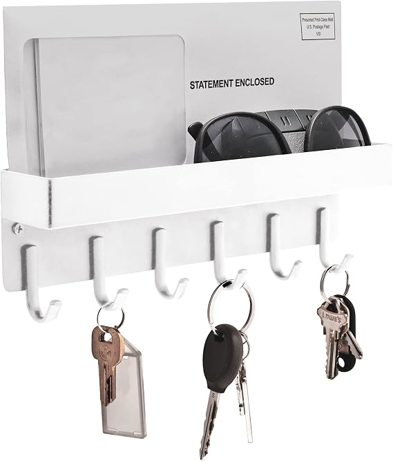 NM E-Store - Magnetic Key Holder w/ 6 Key Hooks, Key Holder for Wall w/Built-in Extra-Deep Tray, Multifunctional Key Hooks for Wall Mounting, Modern Key Rack Organizer, White