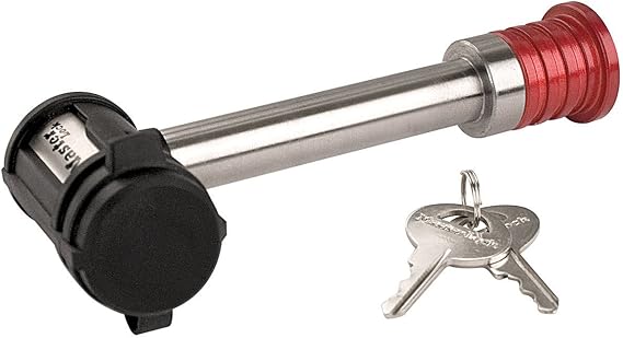 Master Lock Silver and Red Receiver Lock, Stainless Steel BarbellTM Hitch Pin Lock, Fits 5/8 in. Receivers, Weather Resistant Automotive Receiver Lock, 1469DAT