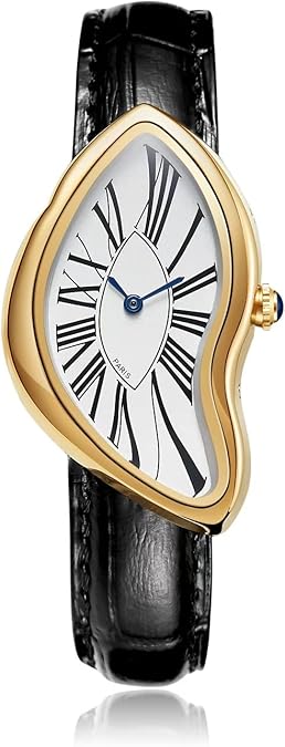 PINTIME Irregular Dial Watch, Unisex Quartz Watch, Retro Roman Numeral Scale Fashion Wristwatch, Black Leather Strap Light Luxury Design Watch