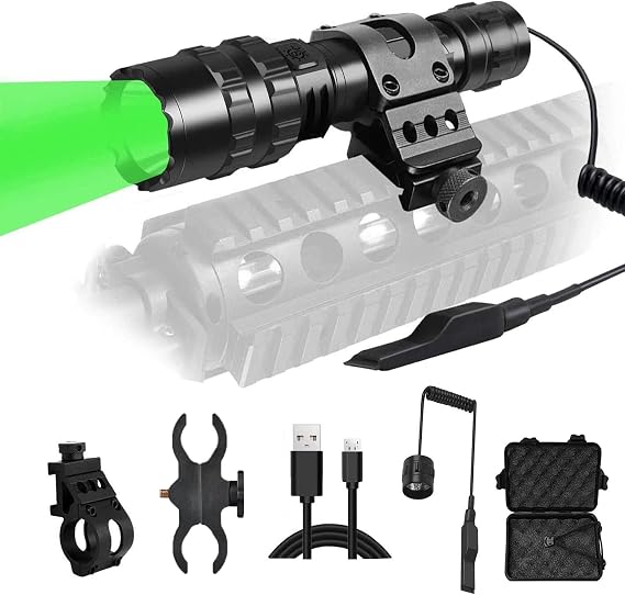 Green Hunting Flashlights, 350 Yards with Rail Mount & Pressure Switch