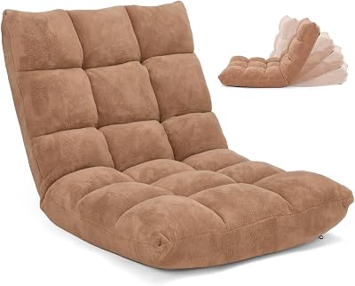 Floor Chair with Back Support, Foldling Gaming Sofa Chair with Comfy Cushion, Adjustable 14-Position Meditation Chairs, Lazy Lounge Recliner Reading Seat for Adults, Kids Tan