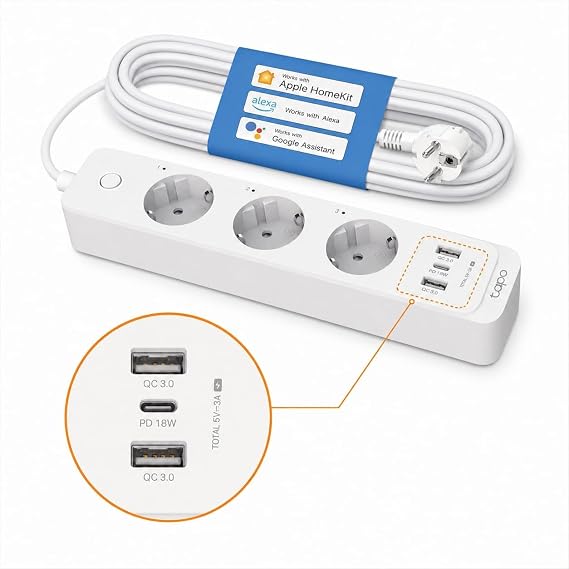 Tapo P300, 1.5m, 3'lü Akıllı Wi-Fi Priz, 18 W Hızlı Şarj, Uzaktan Kontrol, Kolay Kurulum ve Kullanım, Amazon Alexa, Google Home ve HomeKit Desteği