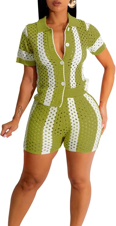 ZERMOM Women's Hollow Out Lapel Knit Set Short Sleeve 2 Piece Outfits Sweater Shorts Set Color Matching Set