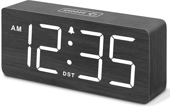 DreamSky Wooden Digital Alarm Clock for Bedroom with Large Numbers | Desk Clock for Living Room Office, Loud Alarm for Heavy Sleepers Adults, Volume Control, Dimmer, DST, Wood Decor (Plug-in)