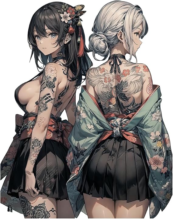 5.1" Double Tattoo Anime Sexy Japanese Girl Stickers Car Decals for Windows Refrigerator Helmet Door Wall (A)
