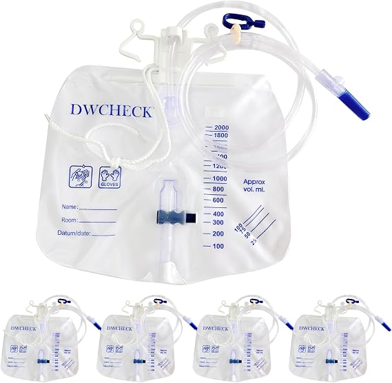 5 Pack Urinary Drainage Bag with Anti-Reflux Chamber,2000mL Urine Bags with 48" Tube Drainage,Splash-Resistant Drain Spout,Clips and Hanging Hook,Disposable Urine Bags for Men