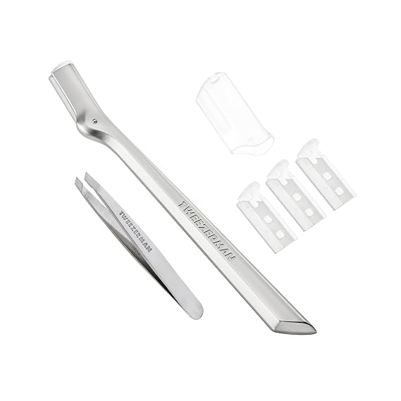 Tweezerman Eyebrow Razor & Mini Tweezer Set 3 Replacement Blades Safety Cap