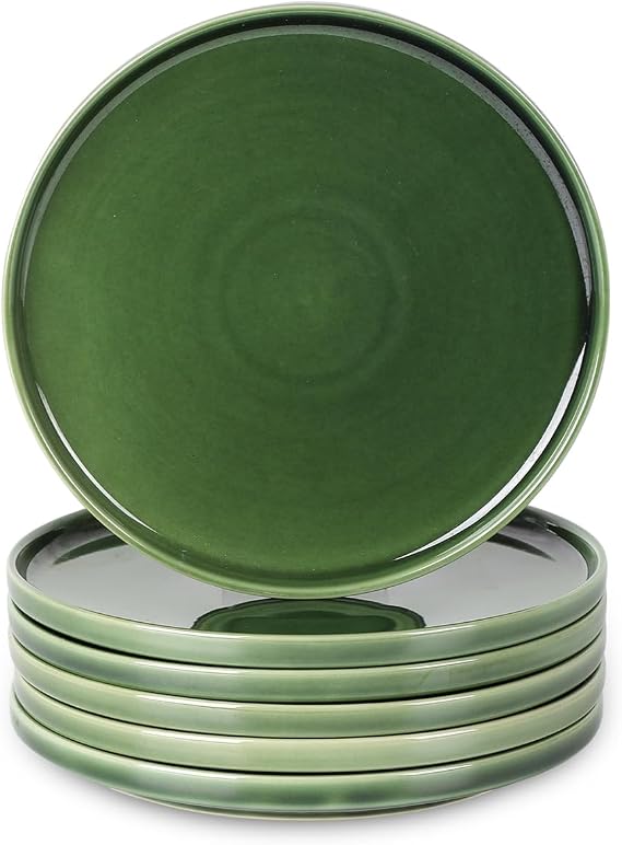 vicrays Ceramic Salad Plates Set - Porcelain 8 Inch Flat Dessert Appetizer Plate for Lunch Home Party Restaurant - Scratch Resistant Microwave Oven and Dishwasher Safe - Set of 6 (Green)