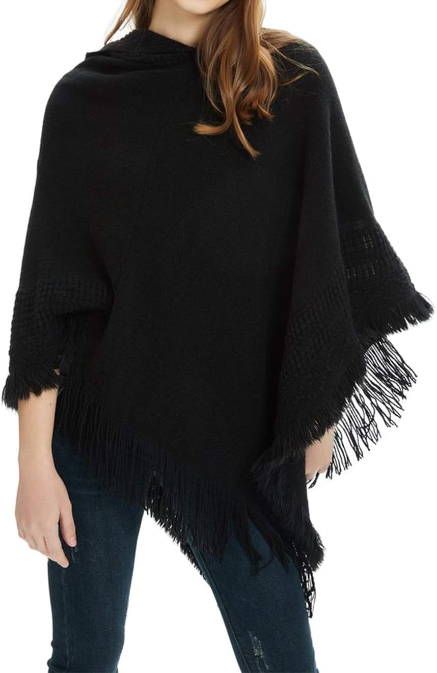 stylesilove Women Solid Knitted Hooded Poncho Crochet Pattern with Fringe Pullover Cardigan Soft Wrap for Fall Winter Seasons