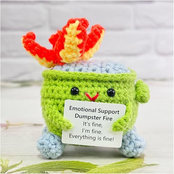 RovyFota Emotional Support Crochet Dumpster Fire with Positive Card Cute Room Decor Knitted Toys Funny Crochet Support Buddies Gifts for Friends (Grass Green)