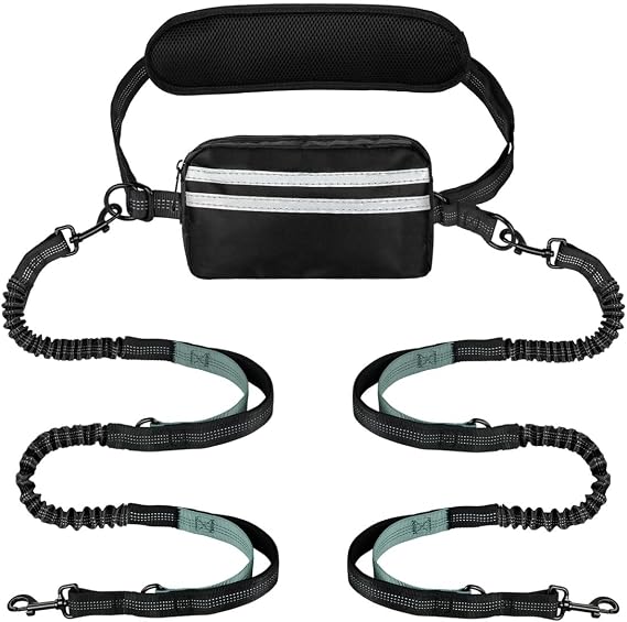 Hands Free Dog Leash for Two Dogs Walking, Running, with Waist Belt, Zipper Pouch and Shock Absoring Bungee (Grey-Green, Medium)