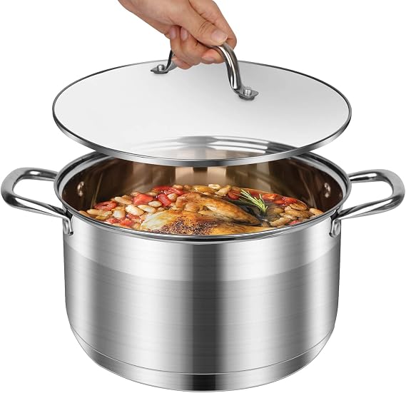 10 Quart Stock Pot, Stainless Steel Pot with Lid for Induction | Premium 10 quart stainless steel cookware. Heavy duty large cooking pot with lid for soup, pasta, stew. Induction pot