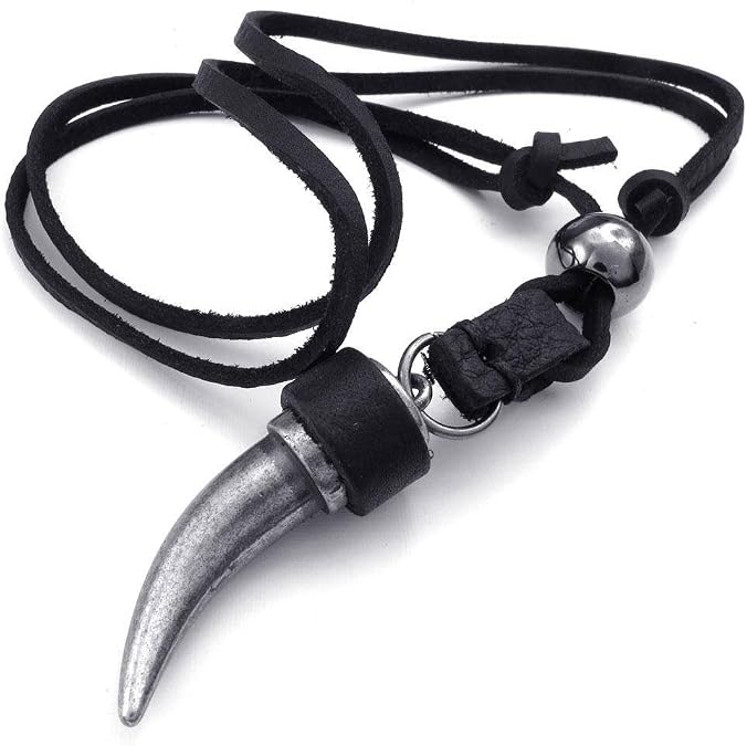 jonline24h Mens Adjustable Tribal Wolf Tooth Pendant Leather Necklace Chain Brown Black Silver