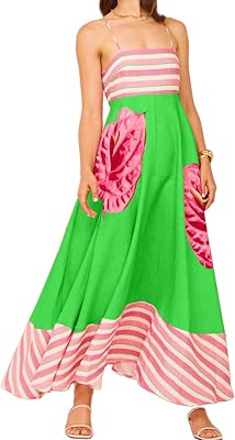 Womens Boho Printed Maxi Dress Square Neck Sleeveless Long Dress Spaghetti Strap A Line Beach Sundress