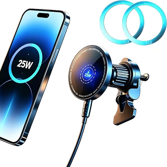 25W Magnetic Wireless Car Charger for Qi2.2 MagSafe with Magnet Ring, [Super Fast Charging & Cooling Metal Body for Heat Disspation] Car Mount Phone Holder for iPhone Samsung Android Phones