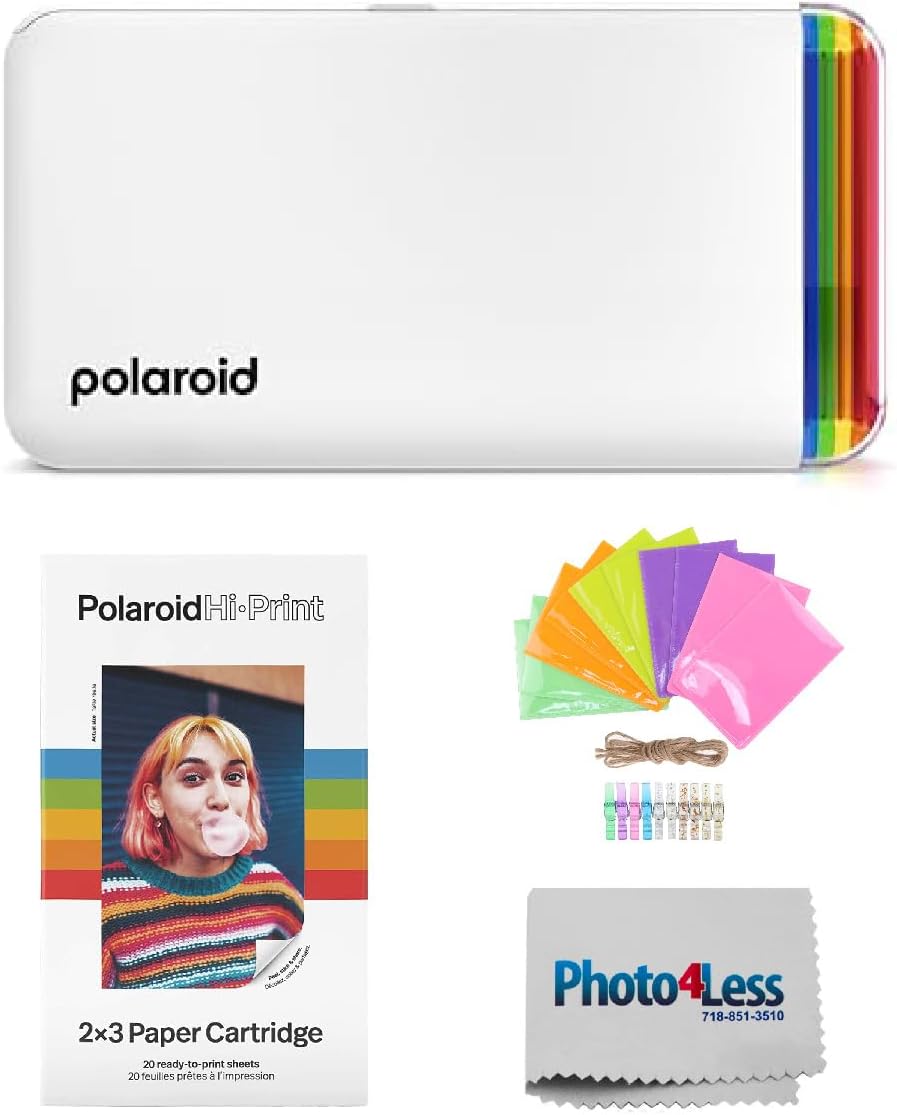 Polaroid Hi-Print - 2nd Generation Bluetooth Connected 2x3 Pocket Photo Dye-Sub Printer - White 9128 Bundle with Hi-Print 2x3 Paper - 20 Photos 6355, Hanging Photo Frames, and More