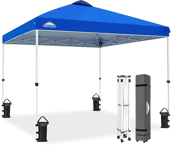 EAGLE PEAK 10x10 Pop Up Canopy Tent Easy Up Canopy Outdoor, Blue | Patented PeakPushTM Center Lock, 1 Person Setup Portable Pop Up Tent, Beach, Markets, Camping Sport Events, Wheeled Carry Bag